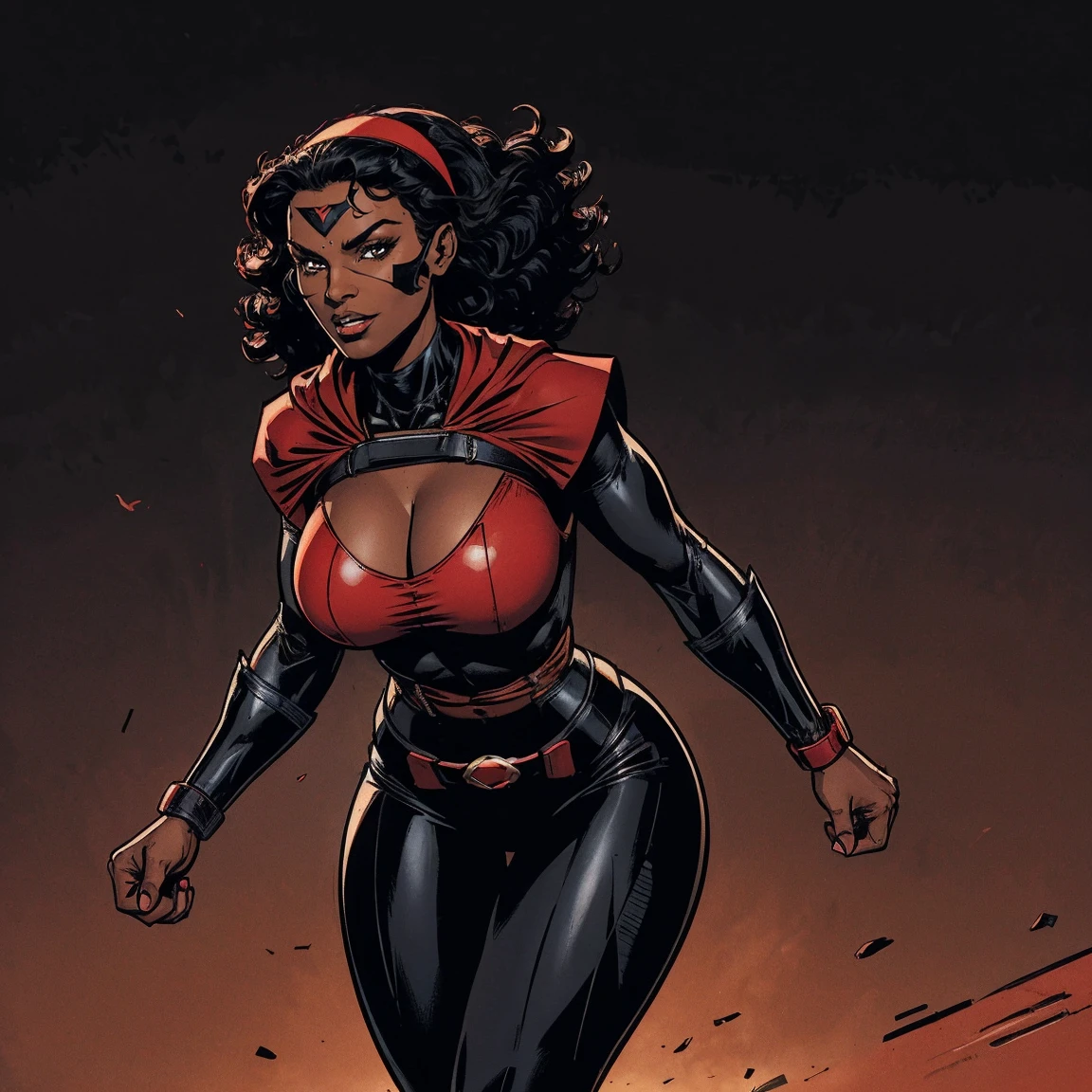 Cardinal, a beautiful woman with (dark skin) wearing a black and red bodysuit, long sleeves, leggings, mask and visor. Athletic, huge breasts, wide hips. Short curly black hair, batons, utility belt, bracers. Cheerful. Short mini half cape. Confident.