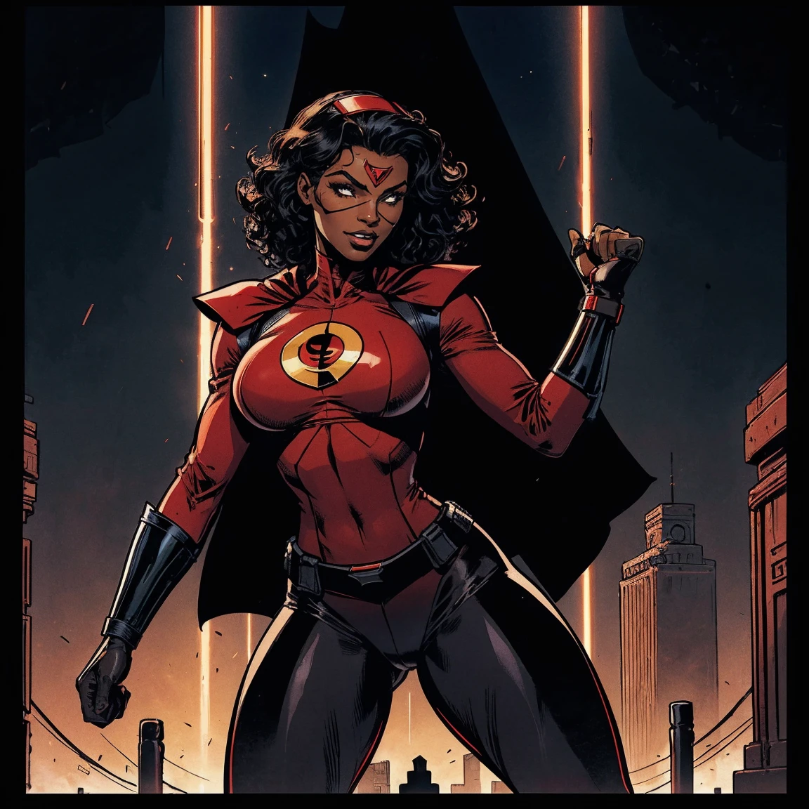 Cardinal, a beautiful woman with (dark skin) wearing a black and red bodysuit, long sleeves, leggings, mask and visor. Athletic, huge breasts, wide hips. Short curly black hair, batons, utility belt, bracers. Cheerful. Short mini half cape. Confident.