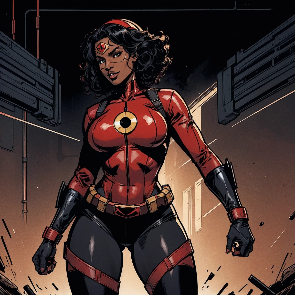 Cardinal, a beautiful woman with (dark skin) wearing a black and red bodysuit, long sleeves, leggings, mask and visor. Athletic, huge breasts, wide hips. Short curly black hair, batons, utility belt, bracers. Cheerful. Short mini half cape. Confident.