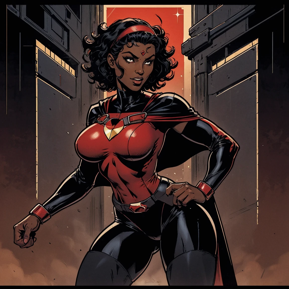Cardinal, a beautiful woman with (dark skin) wearing a black and red bodysuit, long sleeves, leggings, mask and visor. Athletic, huge breasts, wide hips. Short curly black hair, batons, utility belt, bracers. Cheerful. Short mini half cape. Confident.