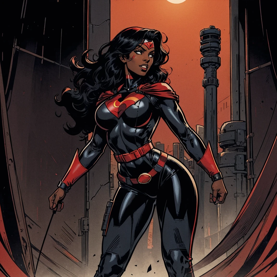 Cardinal, a beautiful woman with (dark skin) wearing a black and red bodysuit, long sleeves, leggings, mask and visor.  Athletic, huge breasts, wide hips. Short curly black hair, batons, utility belt, bracers. Cheerful. Short mini half cape. Confident.