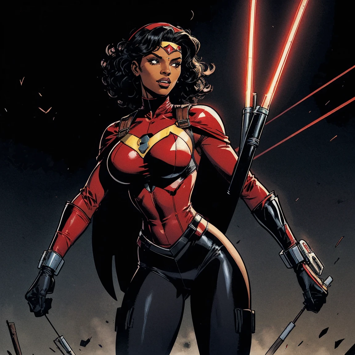 Cardinal, a beautiful woman with (dark skin) wearing a black and red bodysuit, long sleeves, leggings, mask and visor. Athletic, huge breasts, wide hips. Short curly black hair, batons, utility belt, bracers. Cheerful. Short mini half cape. Confident.