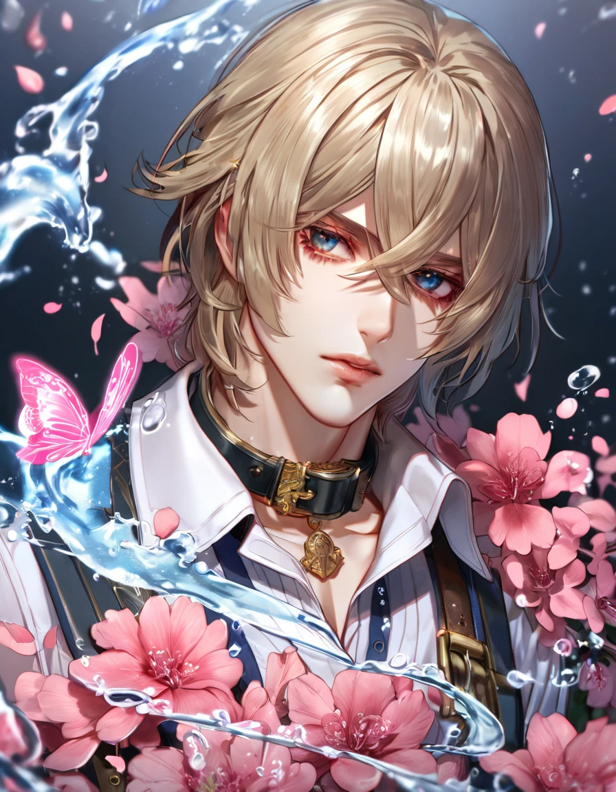 absurdres, highres, ultra detailed, HDR, master piece, best quality, extremely detailed face, delicated features, Julius Visconti, ash-blonde messy hair, hair that has bangs hanging on the left side, hair between the eyes, God Eater 2, solo, sexy man, handsome, a black collar with gold buckle around his neck, the outfit is overall black, with gold accents, white shirt, water, blossoms, pink flowers, pink butterflies, fantasy, magic, radiant