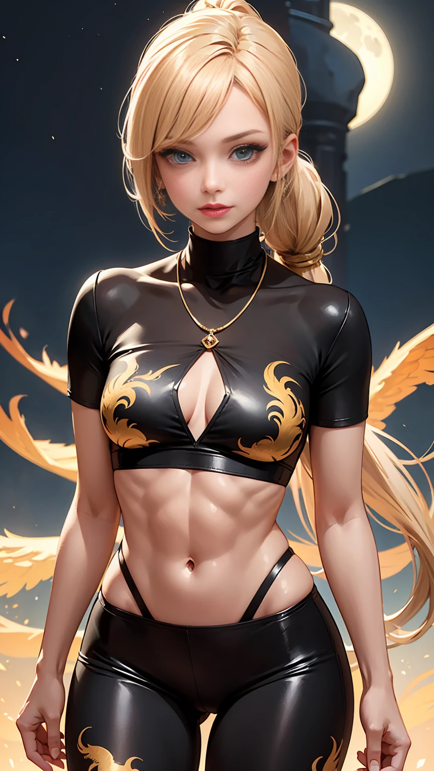 Beautiful woman with long straight ponytail blond hair with blue eyes wearing a Black Tight Leggings With Golden Dragon Prints, a Red Sexy Criss Cross Mock Neck Short Sleeves Blouse With Phoenix Prints, luxurious jewelry and a luxurious necklace, 18k gold wedding ring on left hand, standing in a mountain at night of full moon, (caucasian skin), (light brown lipstick), (elegant mascara), (slim body with abs), (small breasts), (wide hips), midjourney, <lora:GoodHands-, <lora:GoodLegs-, UHD, high resolution, (masterpiece:1.1, best quality), (expressive eyes, perfect face, full body, expressive face, perfect body, perfect pussy, athletic, fit, slim body, blushing, Perfect makeup, eyeliner, beautiful eyelashes, smiling, horny face), ((best illumination, best shadows)), ((sexy pose))