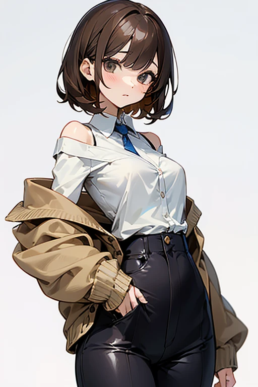 beautiful girl、Office Casual Fashion、ノースリーブのパーカー、チョーカー、ハンドカバー、Tight pants style、slender、Model Body Type、Ideal Style、 Slim and cute、No buttons、Put on a bolero、One off-the-shoulder brown cardigan