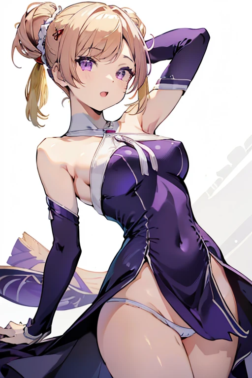 1 girl in, purple color  hair、Purplish pink eyes that dreamers desire, (Blonde hair) , small stature, Colossal tits, Lori, (masutepiece:1.2, Best Quality), (finely detailed beautiful eye: 1.2), (beautifull detailed face), (Best Illumination, extremely delicate and beautiful), sexy pose,make a cocktail , in a bar counter, ((Cinematic Light)), Dramatic light, (Pale white background:1.5), Short bob hair（1:3）、Ultra Contrast、Braid a little around the ears, White long dress、only has 5 fingers、Her pussy is visible through the white thong、Wet pants、You can see inside your underwear、full of sweat、mocking look、diaper、nffsw,Arms crossed、grab the arm、Shoot from below,Best Quality、Large breastuscular pussy、Pubic hair,high-level image quality、hightquality、8K,perfect hand、5 fingers、finger pin、Perfect Finger、T back、Naked、noise cut、bullet hand、Her hair color should have been a brighter purple.The skirt part is also carefully expressed..、Purple skirt、the skirt is floating in the wind、Dark purple panties、Pubic hair majority,(with sparkling eyes and a contagious smile),open mouth,from below:1.2, highest quality, high resolution,Real World, Natural light,perfect Natural light, Looking at Viewer,
