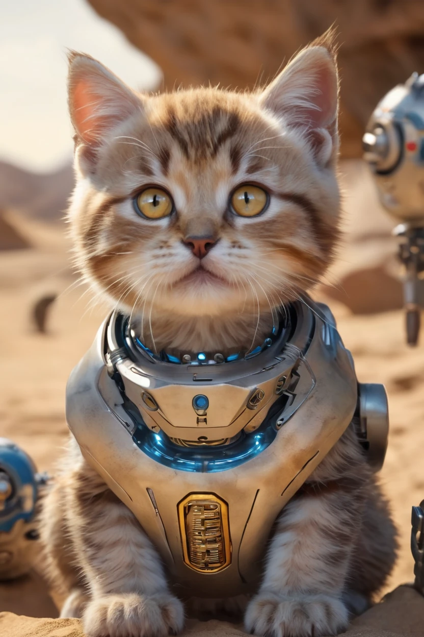 small, There are no humans in this world、The world of anthropomorphized cats、Iron Man Mark1Wearing a suit、Iron Man Mark1、prototype、The arc reactor emits blue light、desert、かわいいbornき物全身, Costumes,、 Fantasy art, Exquisite detail, An anthropomorphic, fat, furry tabby kitten with yellow eyes, Movie Scenes, Dramatic shot angles, , Realistic, born々Amazing cinematic photorealism, Action Portrait, 8K, detailed, Full Frame