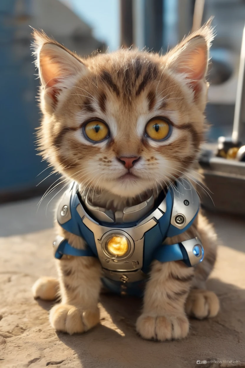 small, There are no humans in this world、The world of anthropomorphized cats、Iron Man Mark１Wearing a suit、Iron Man Mark1、prototype、The arc reactor emits blue light、desert、かわいいbornき物全身, Costumes,、 Fantasy art, Exquisite detail, An anthropomorphic, fat, furry tabby kitten with yellow eyes, Movie Scenes, Dramatic shot angles, , Realistic, born々Amazing cinematic photorealism, Action Portrait, 8K, detailed, Full Frame