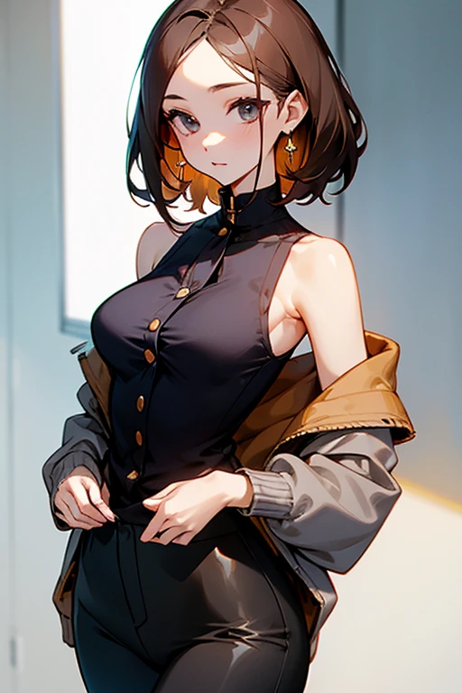 beautiful girl、Office Casual Fashion、black Sleeveless high neck knit、Delicate embroidery、Tight pants style、slender、Model Body Type、Ideal Style、 Slim and cute、No buttons、Put on a bolero、One off-the-shoulder brown cardigan