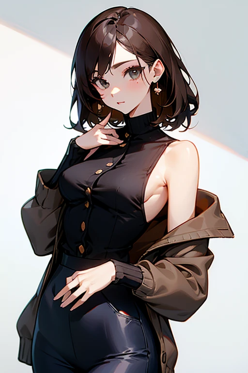 beautiful girl、Office Casual Fashion、black Sleeveless high neck knit、Delicate embroidery、Tight pants style、slender、Model Body Type、Ideal Style、 Slim and cute、No buttons、Put on a bolero、One off-the-shoulder brown cardigan