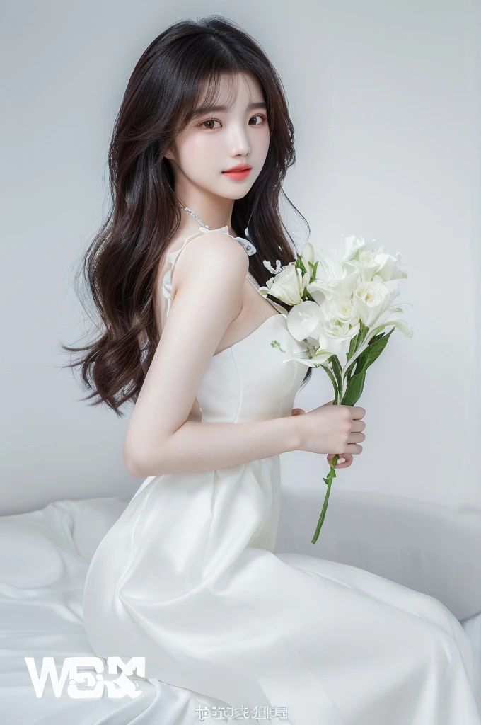 Woman in white dress holding a white flower, With flowers, Bae Suzy, Huang Shiwen, Light milky white porcelain skin, Cui Xianhua, A beautiful woman in white, Home, EUR, Nam Jae-yeon, Lee Ji-eun, Lee Ji-eun, High-quality images, Park Jimin, Yoon Se-sun