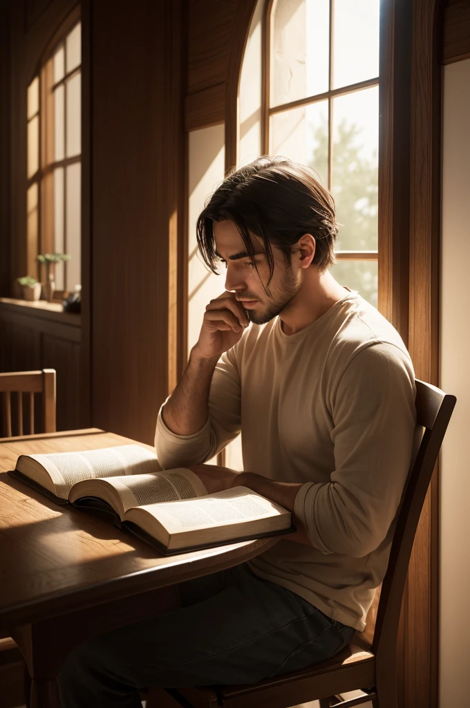 "Create a 3D image of a man sitting facing a window in a simple, welcoming environment. He is holding the Holy Bible with both hands, while tears run down your face, showing an expression of deep emotion and reflection. Soft late afternoon light streams in through the window, creating a realistic lighting effect that highlights your face and the Bible. The scene should include a wooden chair and a nearby table, with details that convey the vulnerability and spirituality of the moment. Texture and light and shadow effects must be realistic, giving life to the expression of consolation and hope that man seeks in sacred words."