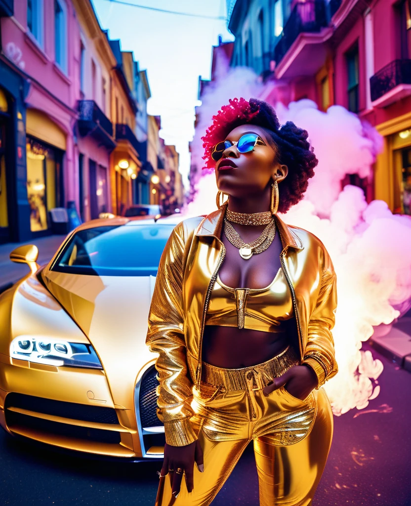 low angle shot through a fish eye lens of a black woman dressed in hiphop inspired clothes and sneakers, gold necklace and earrings, beautiful make up, standing in the middle of the street with a bugatti in the background drifting and creating smoke, beautiful and vibrant colours shining with iridescent light, music video inspired visuals.