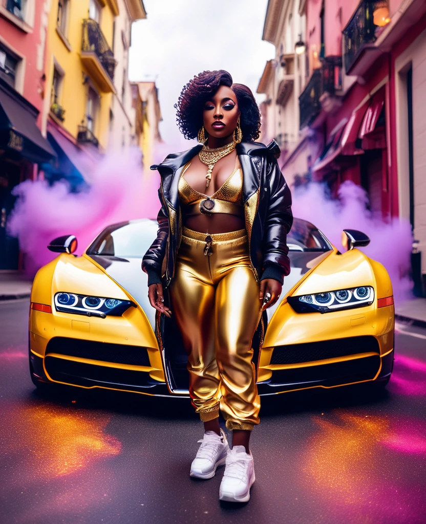 low angle shot through a fish eye lens of a black woman dressed in hiphop inspired clothes and sneakers, gold necklace and earrings, beautiful make up, standing in the middle of the street with a bugatti in the background drifting and creating smoke, beautiful and vibrant colours shining with iridescent light, music video inspired visuals.