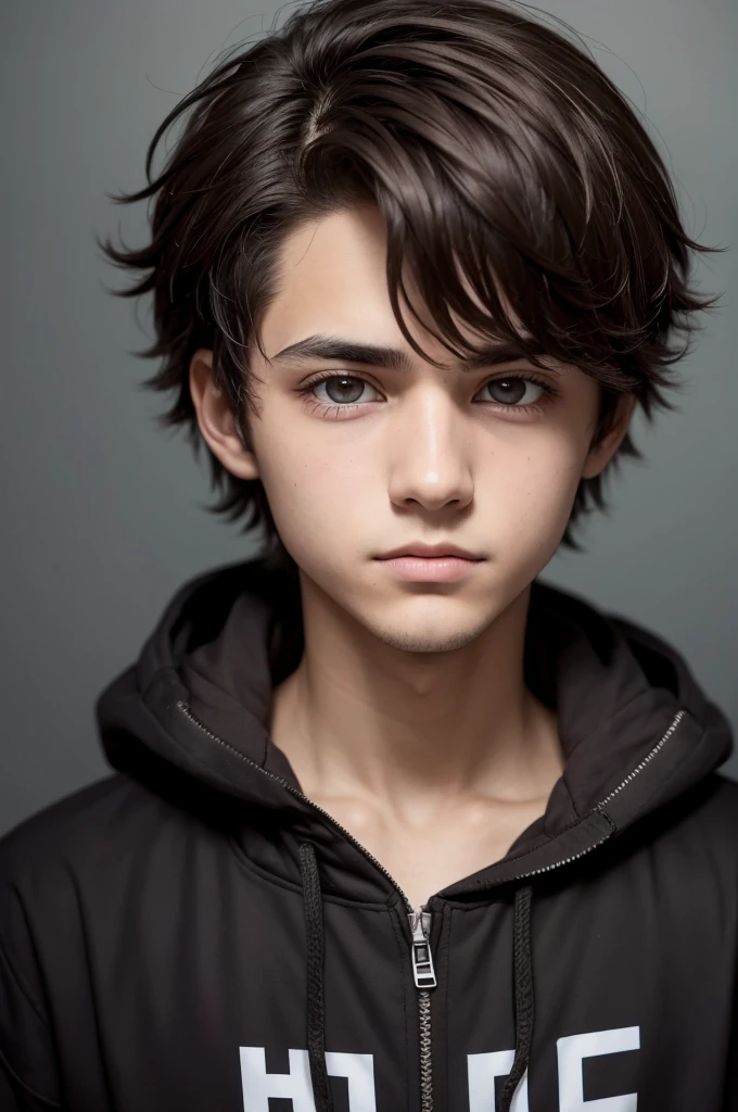 1 hacker boy, com olhos castanhos, short, messy dark brown hair.