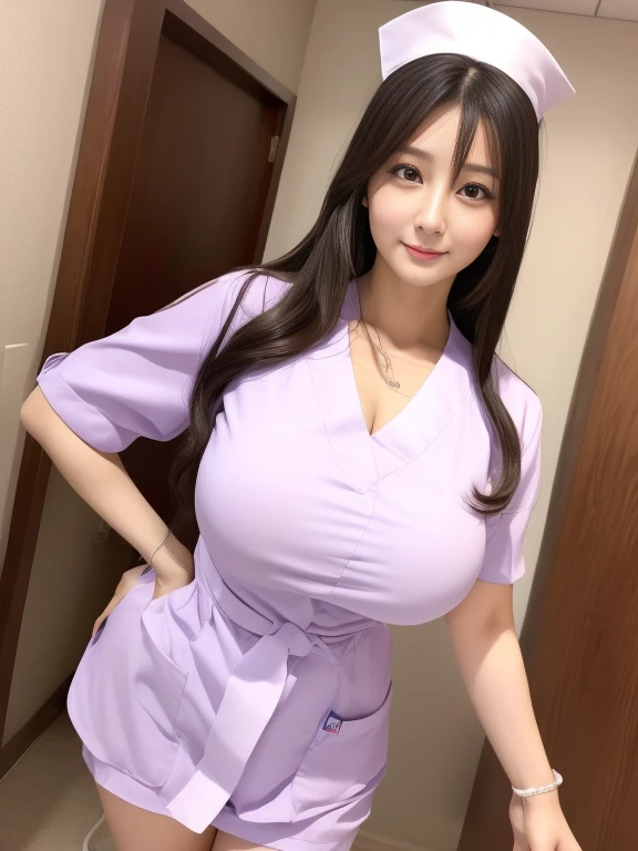 high quality、Realistic、High resolution、8k wallpaper、Full body photo、Japanese、Alluring、girl、Beauty、Beauty、nurse、nurse、ピンク色のnurse服、Glamour、Voluptuous、Q Cup Breasts、Big Breasts、Big Butt、Long Hair、Hospital room