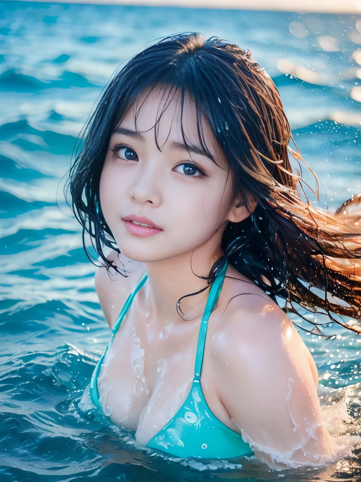 (Best-quality, Masterpiece, Ultra-High-Resolution, (Photorealistic:1.7), Raw Photo, depth of field, professional lighting, perfect anatomy, extremely details), 1girl, 15-years-old, the most famous Japanese idol, ((having a lot of fun in the sea)), wearing bikini with cute-design, (extremely cute wet-face drenched with seawater, ((extremely cute and extremely big realistic-eyes), extremely cute wet-hair drenched with seawater, extremely beautiful wet-skins drenched with seawater, extremely beautiful wet-body drenched with seawater), extremely cute long-eyelashes, extremely cute lips, dynamic pose, detailed sea, detailed splash