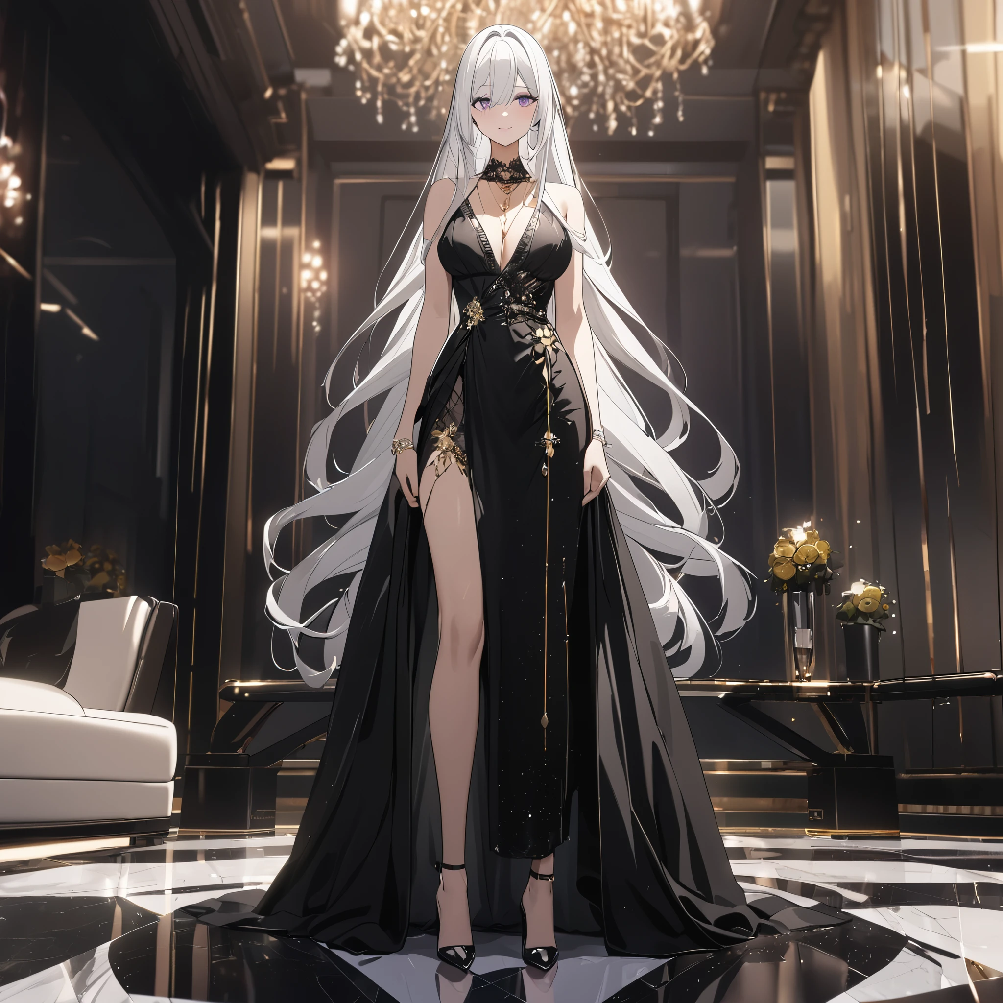 A woman wearing a luxurious black dress, exposed shoulders, large breasts, golden flowers in her hair, white hair, long hair, purple eyes, smiling, golden necklace around her neck, black heels, in a luxury room, close view, marble floor, windows luxury glass. UHD , prime work , accurate , anatomically correct , textured skin , super details , high quality , best quality, 8k, high resolution, bokeh effect. (woman alone)
