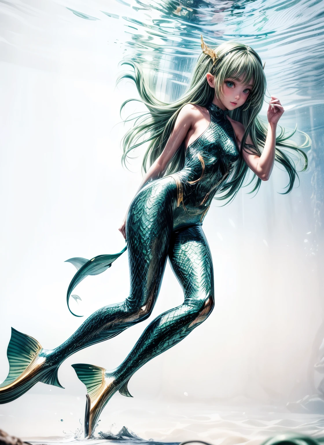 masterpiece, Highly detailed, super realistic, bright Lighting, 
beautiful face, beautiful eyes, 8k,
,1girl, solo,(mermaid style),
(12 year old girl),
(Long straight dark green hair:1.5),
(fin and serif :1.5),(beautiful legs:1.5),
(slender:1.5), (pretty face),(Small buttocks),(Slender thighs),(pretty face),
(There is a fin behind the ear),
(Inside the aquarium),(underwater),
