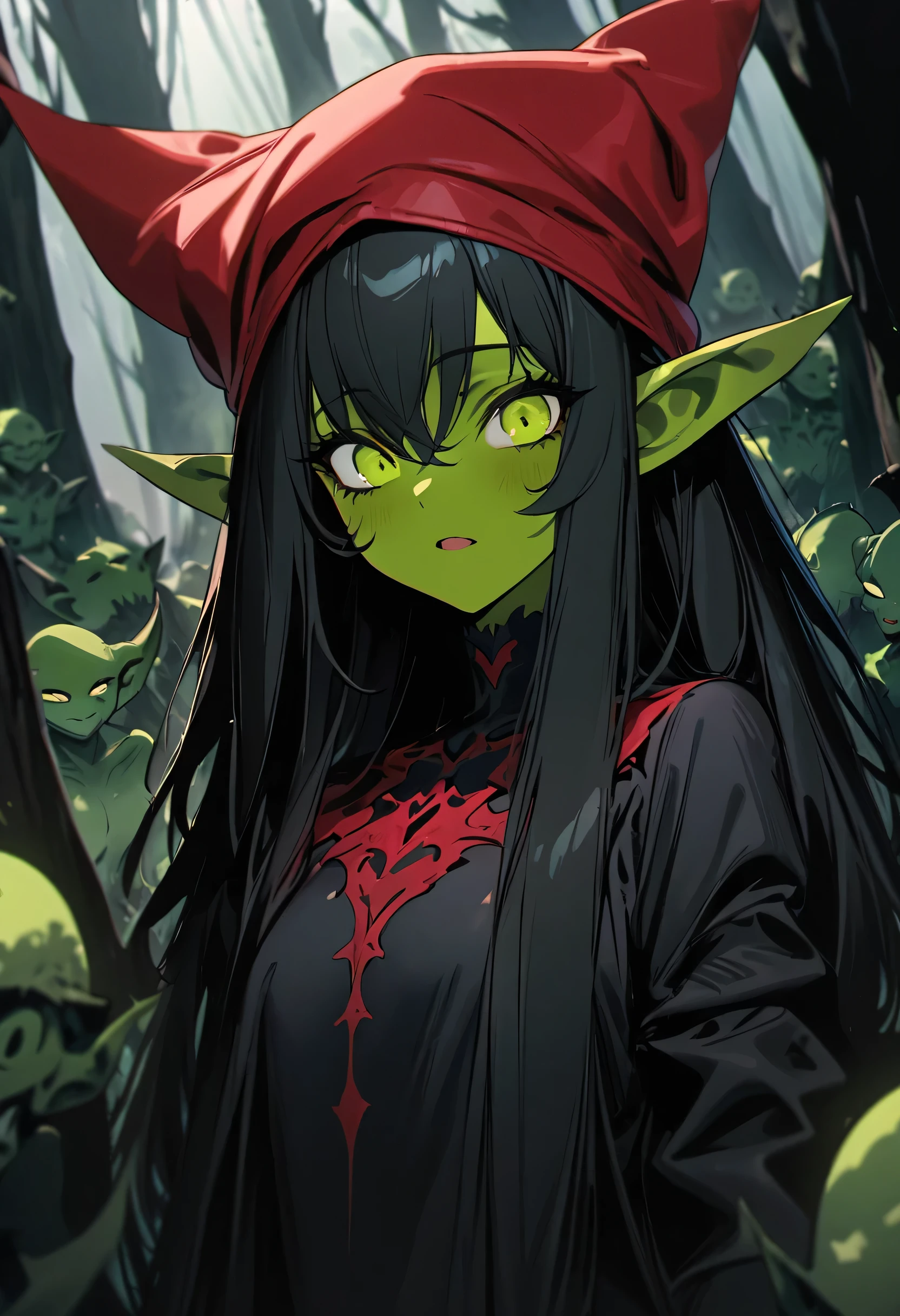 The Red Cap, green skin Goblins emerges from the deep forest, background Abyssal Forest, in the forest. perfect anatomy, masterpiece, best quality, 16k, beautiful detailed darkness, daydreaming expression.