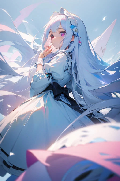 A young girl with long straight white hair。Droopy eyes and ephemeral appearance、Ice blue and pink odd eyes。A princess with the ability to control snow。spirit。sacred、beautiful、cute Lolita Dresses、I like rabbits