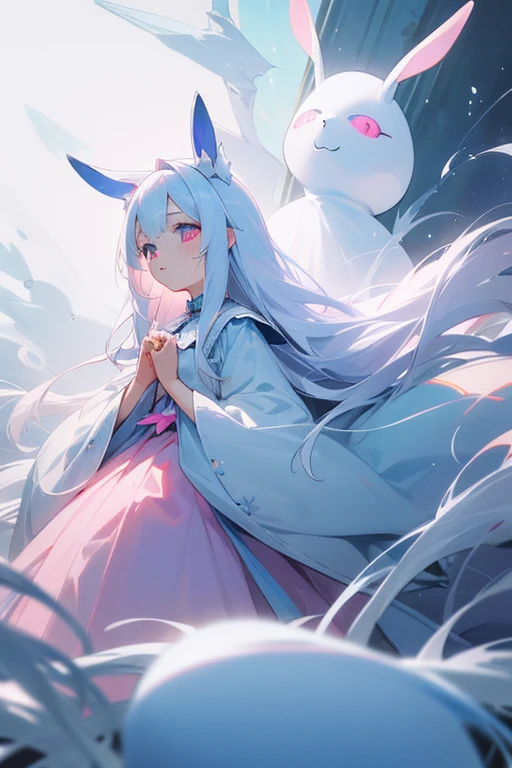 A young girl with long straight white hair。Droopy eyes and ephemeral appearance、Ice blue and pink odd eyes。A princess with the ability to control snow。spirit。sacred、beautiful、cute　Lolita Dresses、I like rabbits