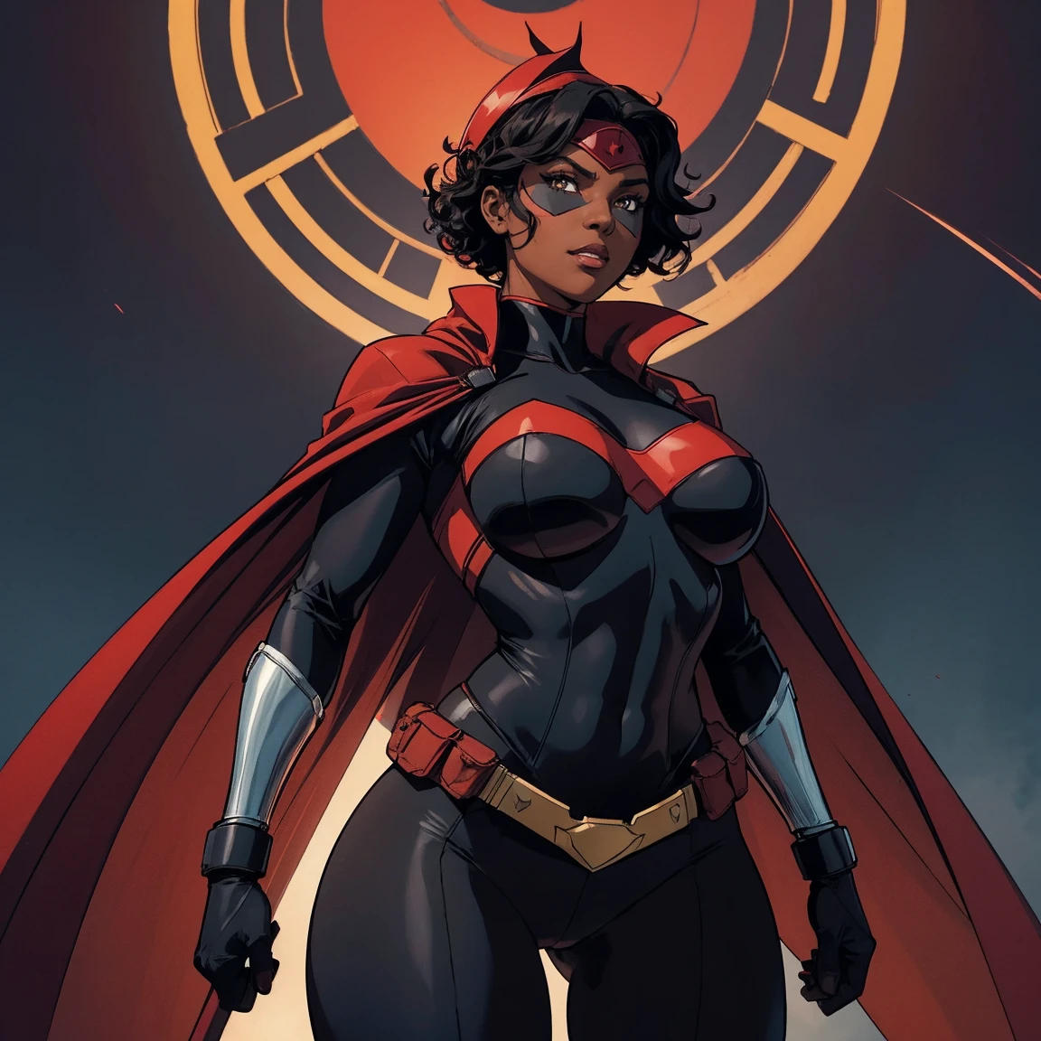 Cardinal, a beautiful woman with (dark skin) wearing a black and red bodysuit, long sleeves, leggings, mask and visor. Athletic, huge breasts, wide hips. Short curly black hair, batons, utility belt, bracers. Cheerful. Short mini half cape. Confident.