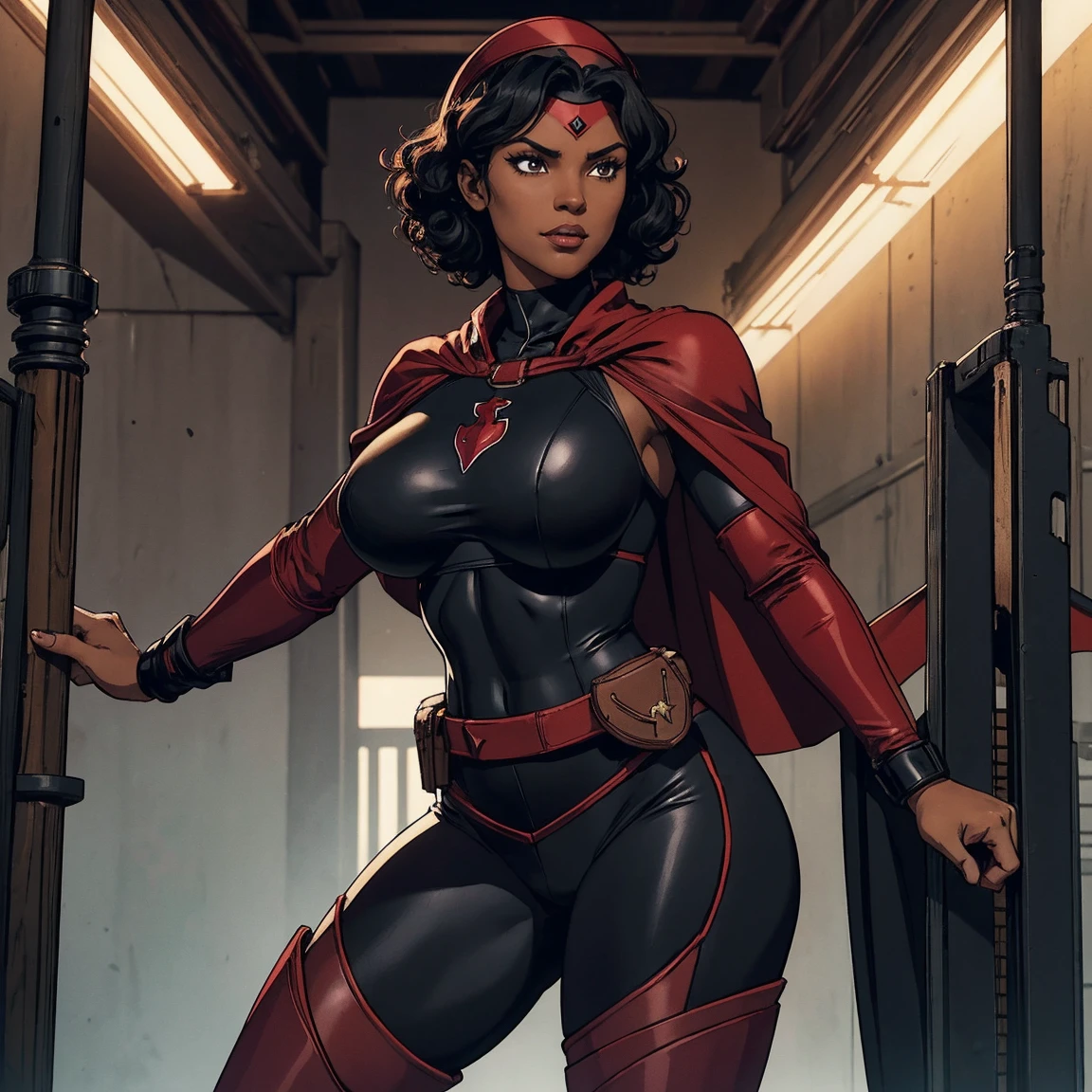 Cardinal, a beautiful woman with (dark skin) wearing a black and red , long sleeves, leggings, mask and visor.  Athletic, , wide . Short curly black hair, batons, utility belt, bracers. Cheerful. Short mini half cape. Confident.