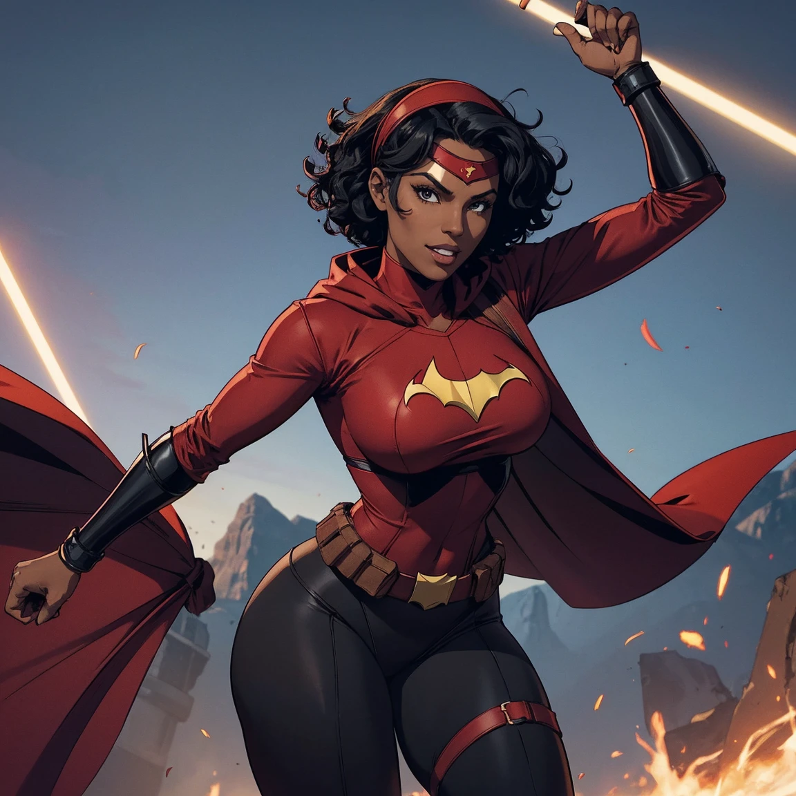 Cardinal, a beautiful woman with (dark skin) wearing a black and red , long sleeves, leggings, mask and visor.  Athletic, huge breasts, wide hips. Short curly black hair, batons, utility belt, bracers. Cheerful. Short mini half cape. Confident.