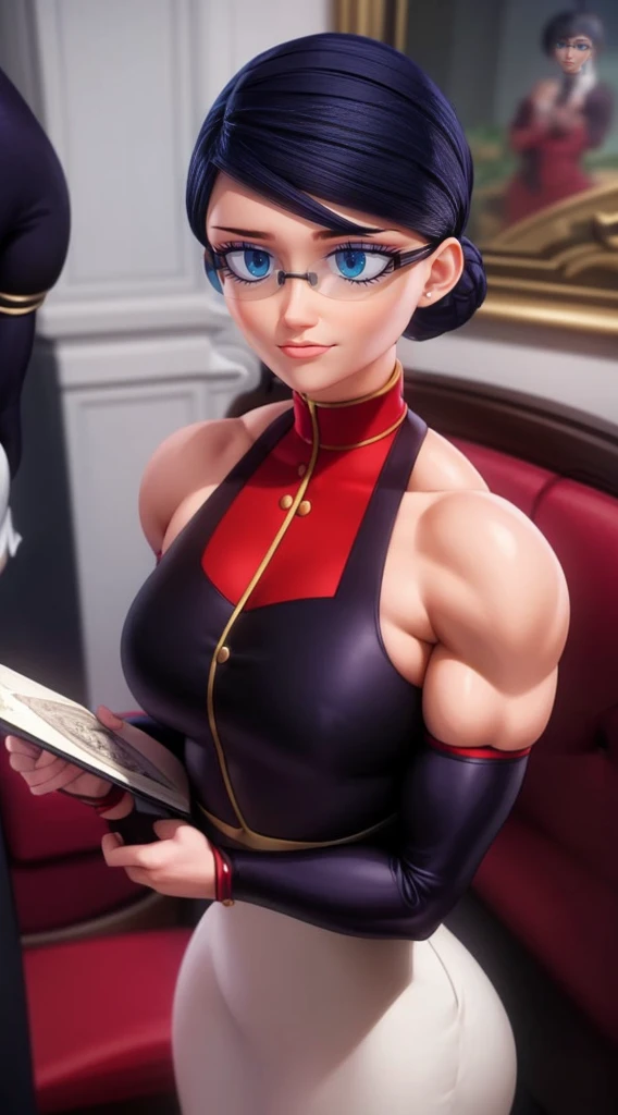 (masterpiece, best quality:1.2), 1girl, solo,Create a detailed illustration of Natalie Sancoeur from 'Miraculous Ladybug.' She is depicted in her usual professional attire, with a stern and composed expression. The background should be set in the Agreste mansion, showcasing elements like elegant furniture and a grand staircase, reflecting the opulent setting. Emphasize her poised and meticulous nature, highlighting her distinctive glasses and neatly tied hair. The overall mood should be serious and sophisticated, capturing her role as a competent and loyal assistant.a very muscular female bodybuilder, extremely detailed, athletic body, red inner bra and panties, dynamic pose, artistic lighting, dramatic shadows, cinematic composition, photorealistic, high contrast, vivid colors, 8k, hyper detailed