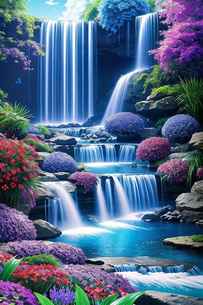 Create a magical purple waterfall with sky blue red butterflies and birds