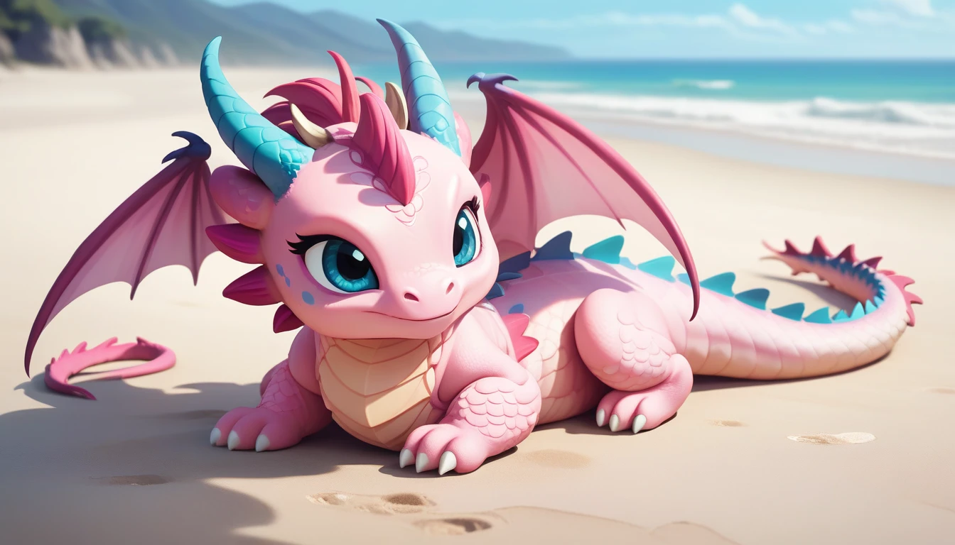 masterpiece,high quality,monster,solo,dragon ,(chibi:1.2),pink body,pink dragon,horns,wings,lying on the ground,injured,unhappy,looking forward,looking sideways,head focus,poor,seaside,beach,blue sky,landscape,(non-human:1.2),lying,frustrated_brow,annoyed,frustrated,on stomach,bright-colored,Injury and bleeding