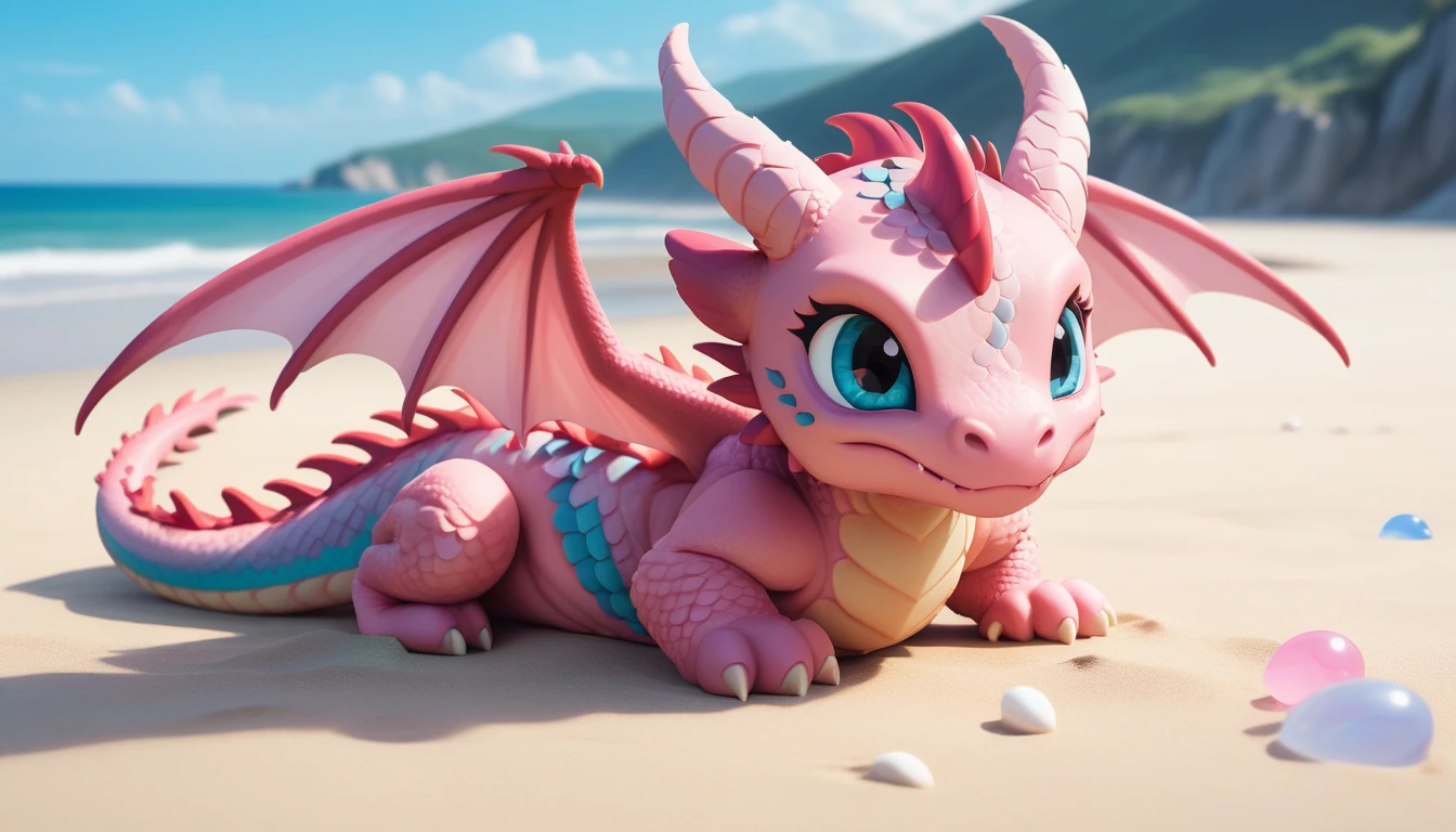 masterpiece,high quality,monster,solo,dragon ,(chibi:1.2),pink body,pink dragon,horns,wings,lying on the ground,injured,unhappy,looking forward,looking sideways,head focus,poor,seaside,beach,blue sky,landscape,(non-human:1.2),lying,frustrated_brow,annoyed,frustrated,on stomach,bright-colored,Injury and bleeding