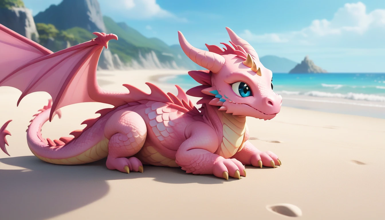 masterpiece,high quality,monster,solo,dragon ,(chibi:1.2),pink body,pink dragon,horns,wings,lying on the ground,injured,unhappy,looking forward,looking sideways,head focus,poor,seaside,beach,blue sky,landscape,(non-human:1.2),lying,frustrated_brow,annoyed,frustrated,on stomach,bright-colored,Injury and bleeding