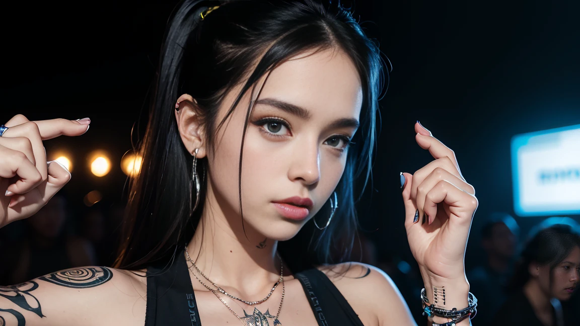 techno music, house music, dancing girls, DJ girl, Hang the headphones from her neck, realistic, high res, tank top, tattoos, piercing, brads, live music, class, Nightclub DJ, Dancing Inspired, Looking at Camera, Wide shooting, cinema lens, skin glowing,