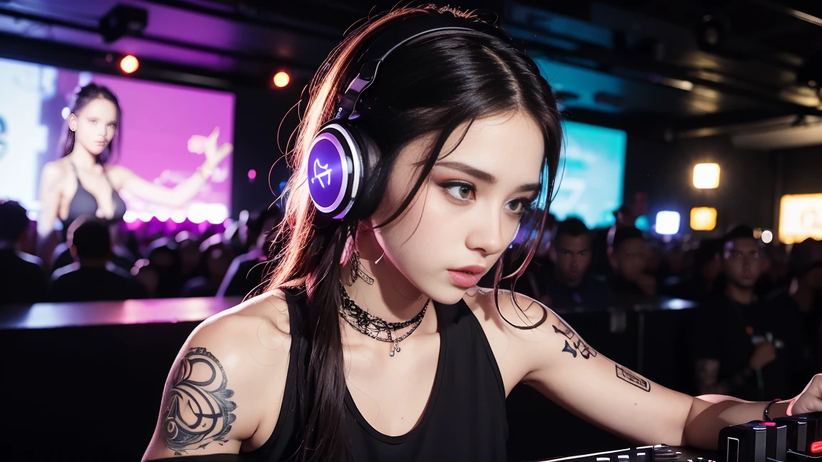 techno music, house music, dancing girls, DJ girl, Hang the headphones from her neck, realistic, high res, tank top, tattoos, piercing, brads, live music, class, Nightclub DJ, Dancing Inspired, Looking at Camera, Wide shooting, cinema lens, skin glowing,