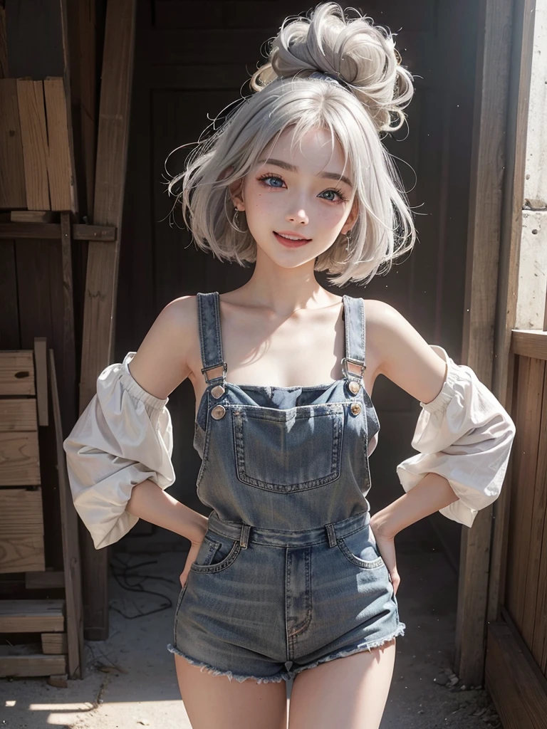 ((masterpiece)), ((best quality)), (ultra-detailed), ((extremely detailed)), 4K, (8K), best quality, a beautiful woman, ((beautiful light gray hair)), shiny hair, (( bob cut)), light blue eyes, detailed skin, freckled skin, flushed cheeks, 20 years old, 

Best image quality、RAW Photos、Ultra-high resolution、21 years old Korean、Small breasts、Dynamic Angle、Cowboy Shot、The most beautiful chaos、elegant、Brutalist Design、Vibrant colors、 smile、fun、smile、Glowing White Skin、Very thin lips、Beautiful eyes in every detail、 Narrow eyes、Cheeks are pale pink、Eyelash length、eye shadow、Overalls、Sandy Beach、Shooting from below、Low - Angle。Hands on hips、The wind is blowing、Hair fluttering