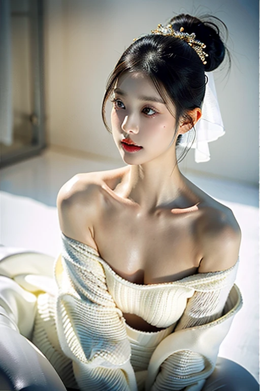 1girl,sweater,white background,c, Dramatic, Sharp focus, 8K), Highly detailed face and skin texture, white classy elegante dress, fancy jewelry , ethereal beauty, mature asian woman, black long hair, make up, detailed chandeliers on the background, golden light
