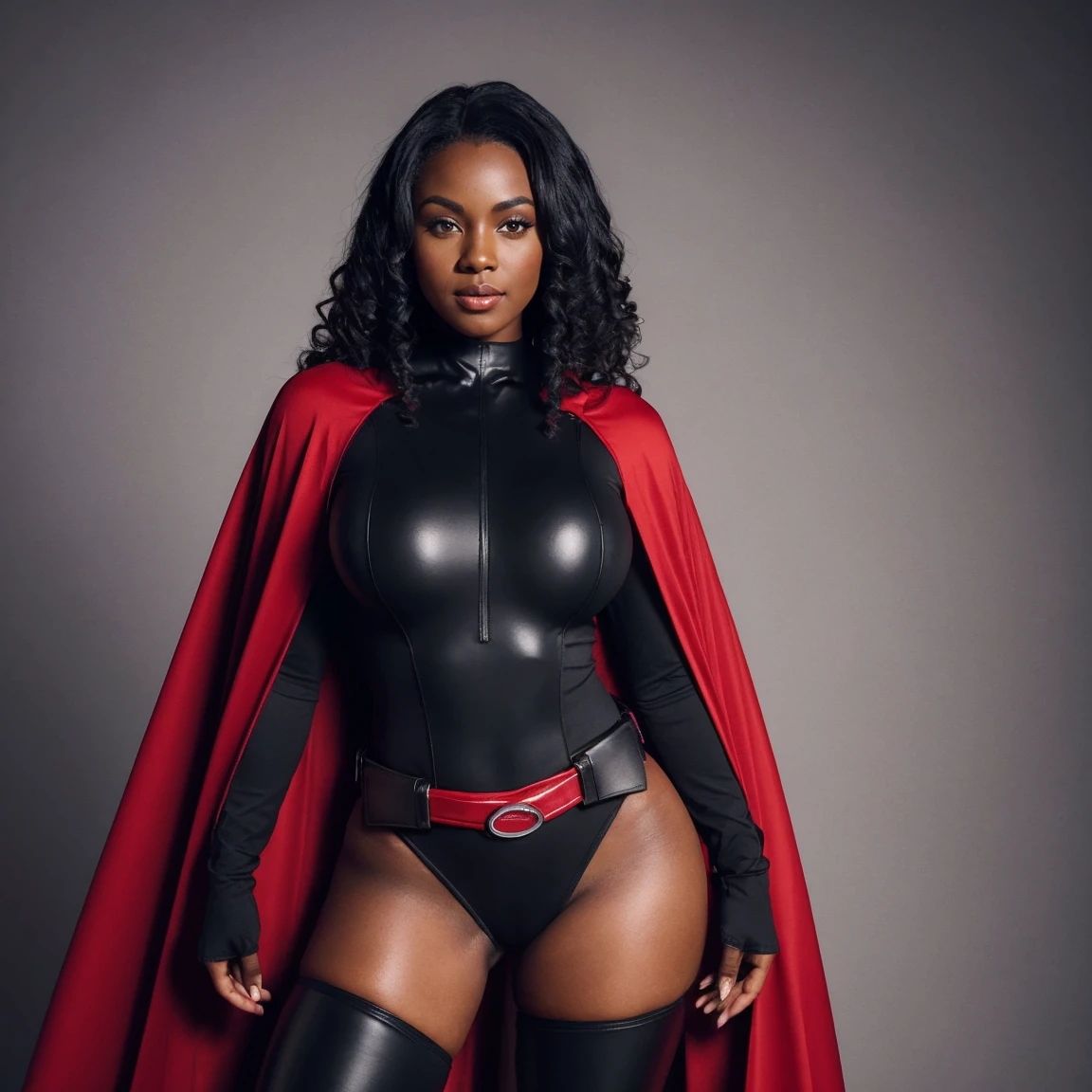 Cardinal, a beautiful woman with (dark skin) wearing a black and red bodysuit, long sleeves, leggings. Athletic, huge breasts, wide hips. Short curly black hair, batons, utility belt, bracers. Cheerful. Short mini half cape. Confident.