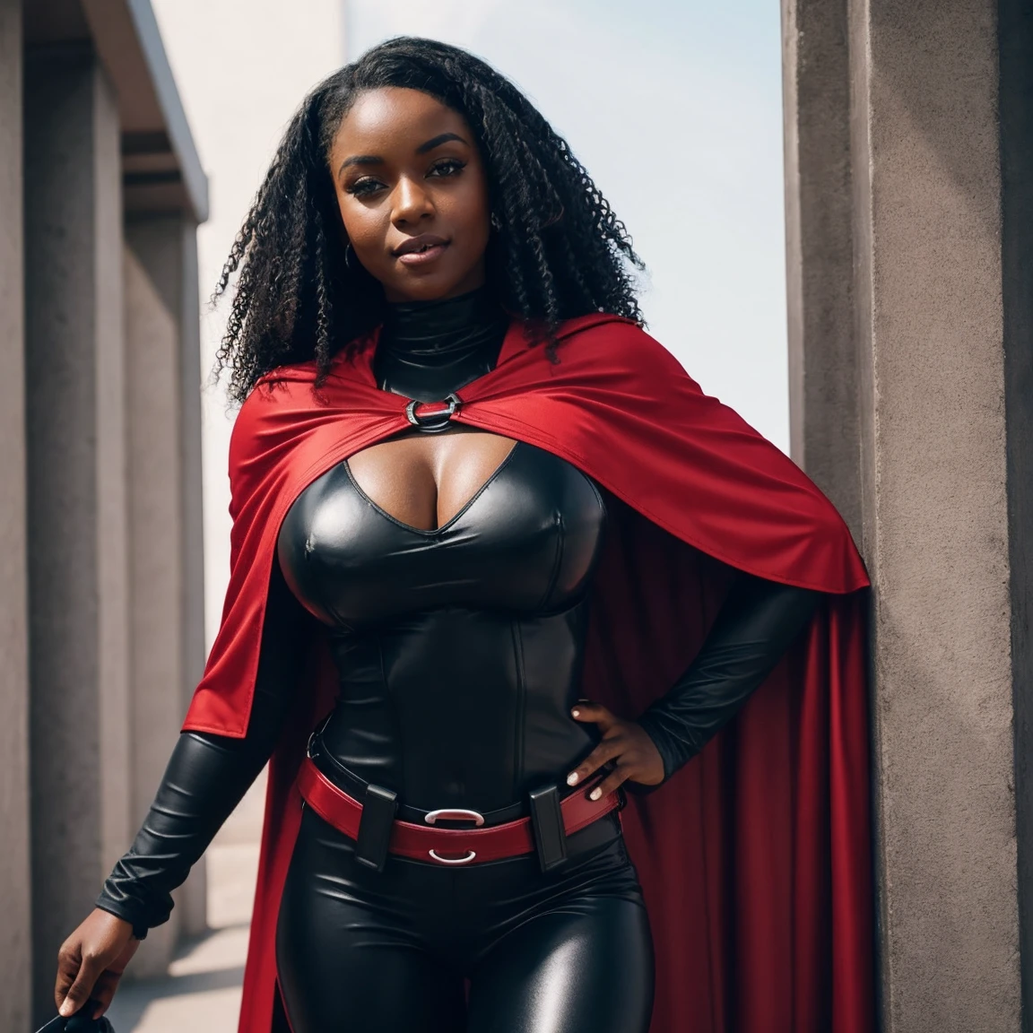 Cardinal, a beautiful woman with (dark skin) wearing a black and red bodysuit, long sleeves, leggings.  Athletic, huge breasts, wide hips. Short curly black hair, batons, utility belt, bracers. Cheerful. Short mini half cape. Confident.