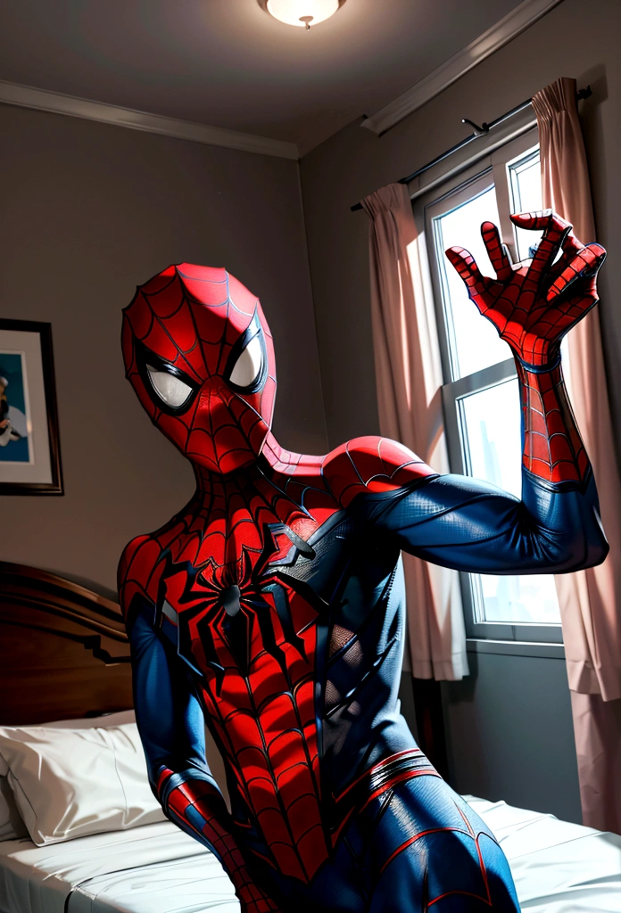ager dressed as spider man miles morales , Playing mobile game, view from a little further away Rio Grande do Sul Pampas , no electricity, in his bedroom