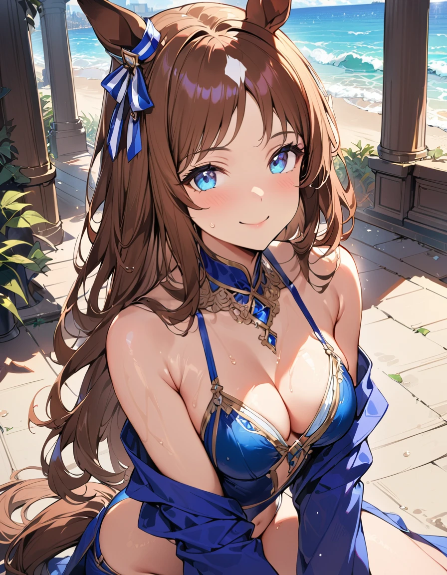 ((16k, highest quality, master piece: 1.2, super detailed, super high resolution, super detailed)),  1 girl, Glass Wonder \(umamusume\), Chestnut Hair, Long hair, straight hair, one girl, animal ears, horse tail, Blue Eyes, fashionable, elegance, charming, seductive, gorgeous, stunning, charming cleavage, lovely, charming, cute, beautiful detailed face, beautiful detailed eyes, soft expression, slim Beautiful figure, curvaceous, Small breasts, slender arms, graceful hands, delicate fingers, slim wrists, elegant neck, bare shoulders, smooth skin, Seaside, sandy beach, squatting, Outdoors, blue sky,((White & blue Bikini Swimwear, drenched, Wet skin)), (smile:1.6)