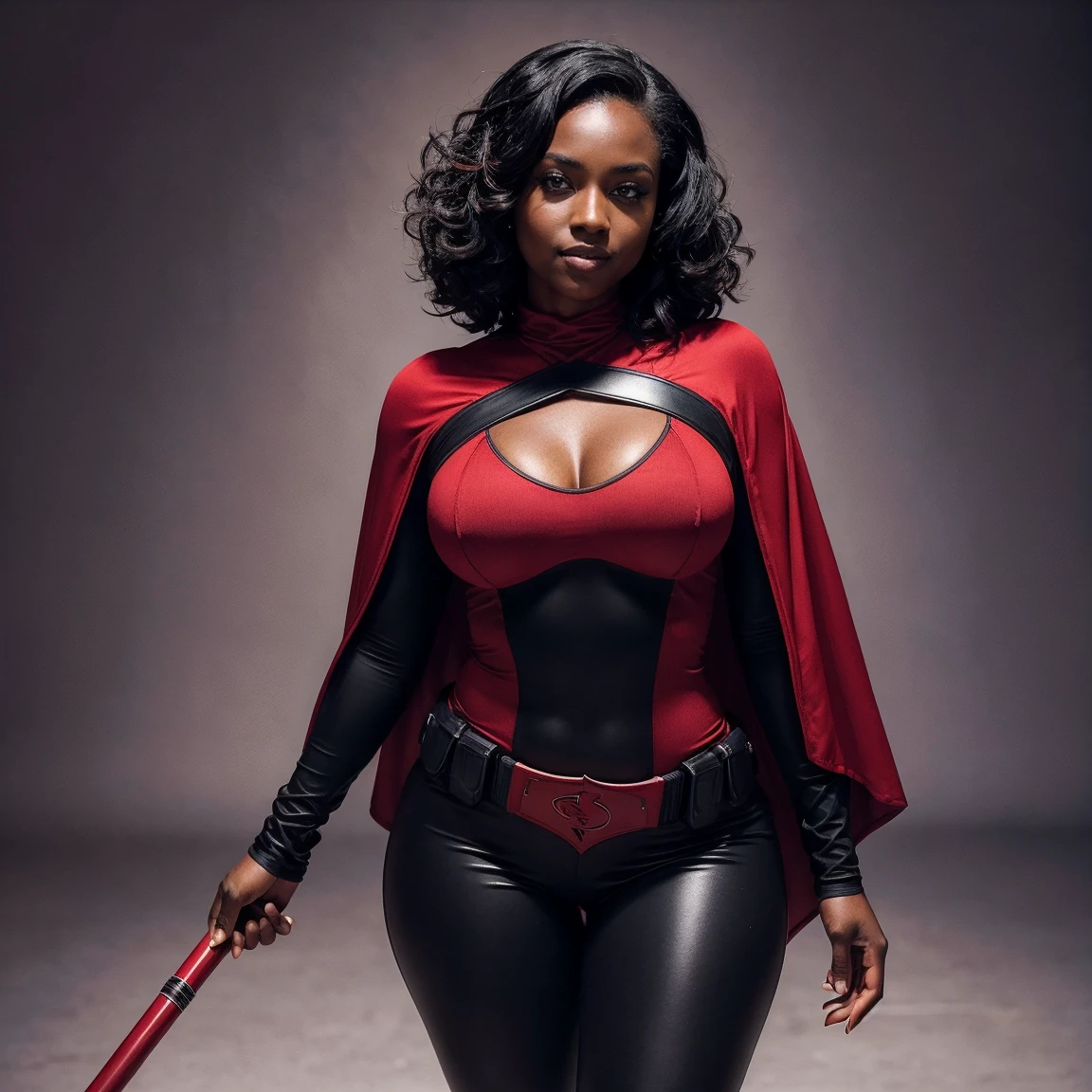 Cardinal, a beautiful woman with (dark skin) wearing a black and red bodysuit, long sleeves, leggings.  Athletic, huge breasts, wide hips. Short curly black hair, batons, utility belt, bracers. Cheerful. Short mini half cape. Confident.