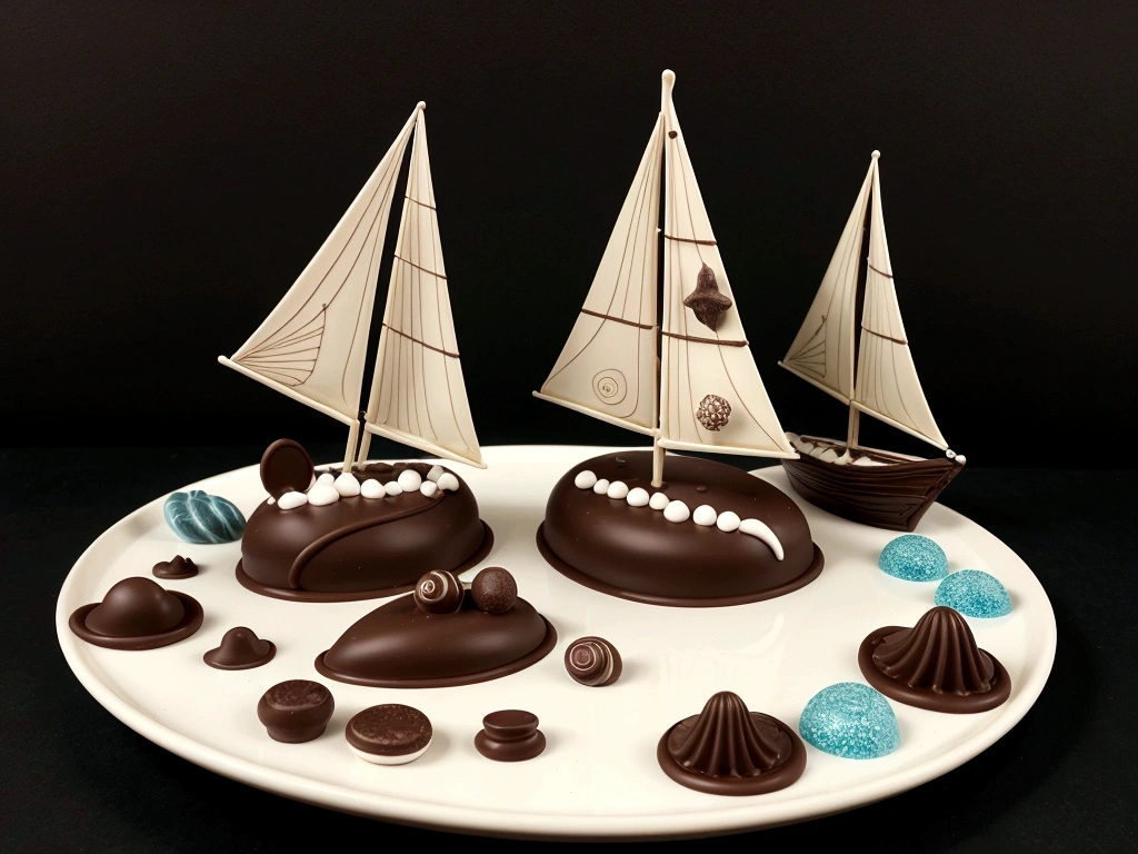 Craft an award-winning sea-themed masterpiece using chocolate as your medium. Capture the essence of the ocean with intricate waves sculpted in dark and milk chocolate, crashing against rocky shores crafted from white chocolate. Include details like edible sea creatures and a chocolate sailboat navigating through cocoa-infused waters under a caramel sky. Your creation should blend artistry with the delicious allure of chocolate, showcasing skill and imagination in every cocoa-coated detail.