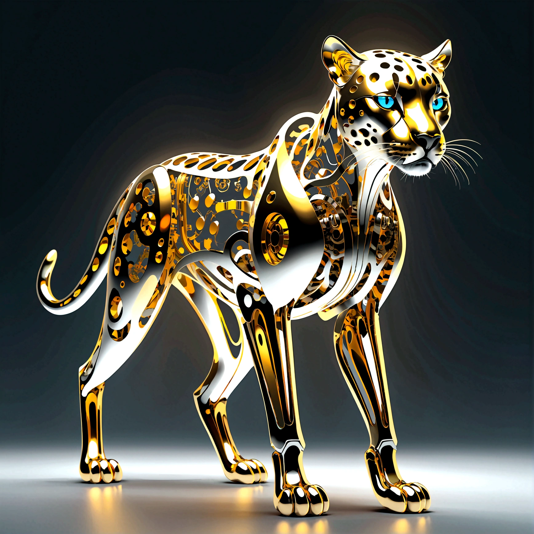 full body, Against a pure light gray background, A mixture of biology and machinery, Complex and precise internal structure,Metallic luster, ray tracing,Circuit emitting light,a transparent mechanical Cheetah