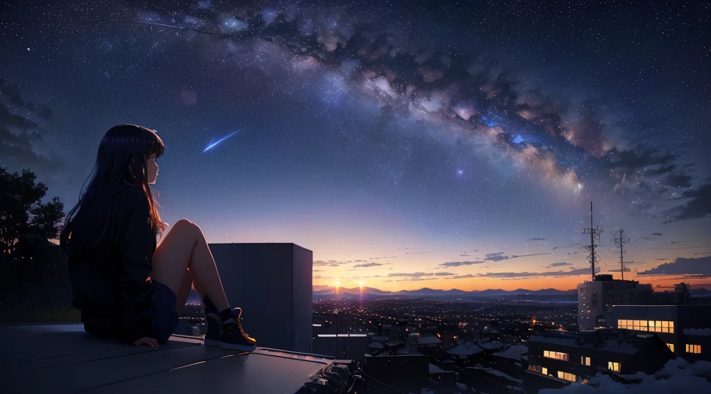 The starry night sky、棚に座ってGaze at the stars女性, inspired Alena Aenami, Space Sky. by Makoto Shinkai, The girl stares into space, Alena Aenamiのスタイル, 4k anime wallpaper, Sitting on a cloud in space, Alena Aenami, Gaze at the stars, girl sitting on a rooftop