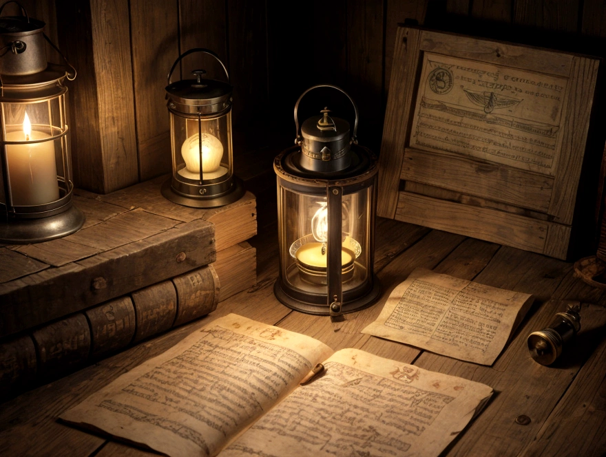 A scroll with the Scout Law written on it, an old compass, and a gas lantern illuminating the night scene.