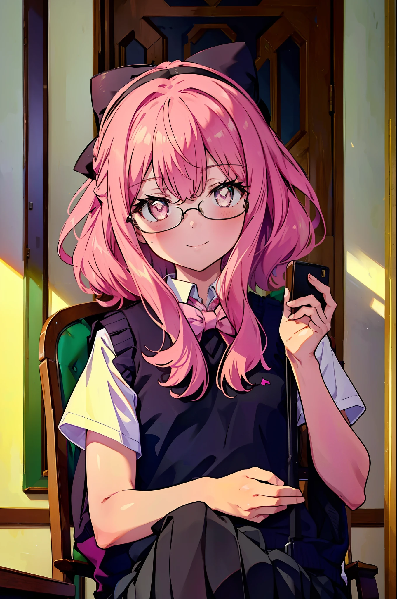 {{masterpiece}},{{Highest quality}},{{High resolution}},{{Caustics}},{{Familiar}},blush,
smile,Louise Françoise Le Brun de La Valliere,Akabuchi Glasses,hair band,Pink Hair,Pink Eyes, 黒break skirt, shirt, bow, ribbon, , white shirt, Short sleeve, Pleated skirt, collared shirt, mini skirt, bowtie, 黒いloafers , Black Skirt, Black pantyhose, loafers, green bow, (pink sweater vest:1.5),,classroom,Sit on a chair,whole body,(Cowboy Shot:1. 5),break (masterpiece:1.2), Highest quality, High resolution, unity 8k wallpaper, (shape:0.8), (Fine and beautiful eyes:1.6), Highly detailed face, Perfect lighting, Highly detailed CG, (Perfect hands, Perfect Anatomy),