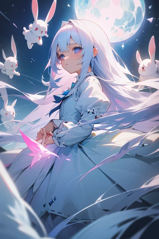 A young girl with long straight white hair。Droopy eyes and ephemeral appearance、Ice blue and pink odd eyes。A princess with the ability to control snow。spirit。sacred、beautiful、cute ta Dresses、I like rabbits