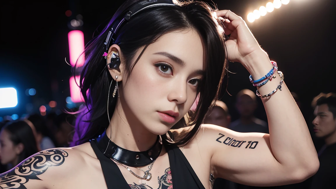 techno music, house music, dancing girls, DJ girl, Hang the headphones from her neck, realistic, high res, tank top, tattoos, piercing, brads, live music, class, Nightclub DJ, Dancing Inspired, Looking at Camera, Wide shooting, cinema lens, skin glowing,